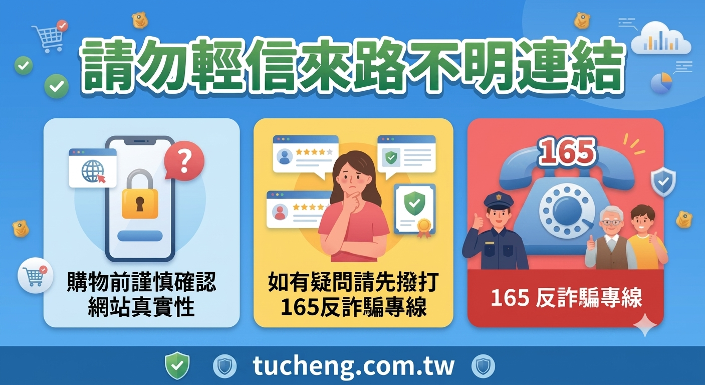 請勿輕信來路不明連結,購物前謹慎確認網站真實性,如有疑問請先撥打165反詐騙專線